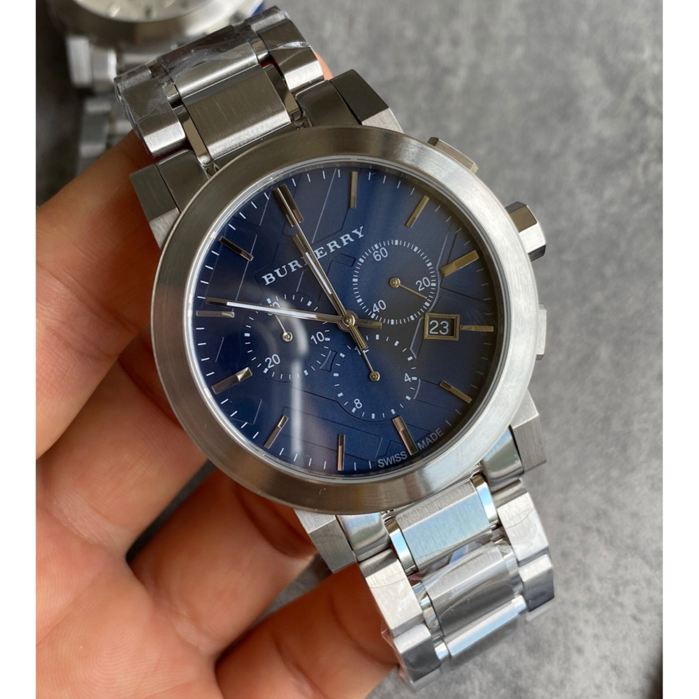 戰馬手錶 男士手錶 BURBERRY手錶 三眼計時日曆石英錶 商務休閒男錶 銀色藍面鋼鏈腕錶 防水手錶BU9363-細節圖9