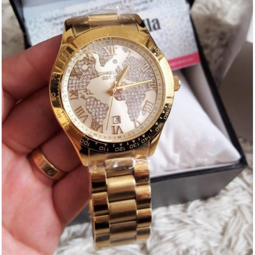 代購Michael kors手錶 MK手錶男 大直徑休閒男錶 MK5959 世界地圖金色鑲鑽鋼鏈女錶 中性款男女情侶錶