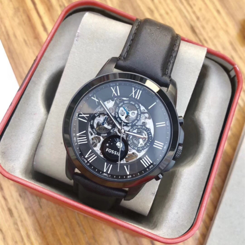 代購Fossil手錶 富思手錶 男士機械腕錶 ME3028 黑色皮帶錶 商務休閒三眼計時手錶 日曆鏤空自動機械錶男錶