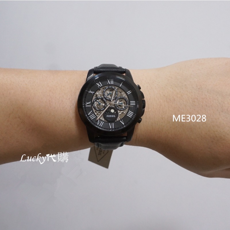 代購Fossil手錶 富思手錶 男士機械腕錶 ME3028 黑色皮帶錶 商務休閒三眼計時手錶 日曆鏤空自動機械錶男錶-細節圖4