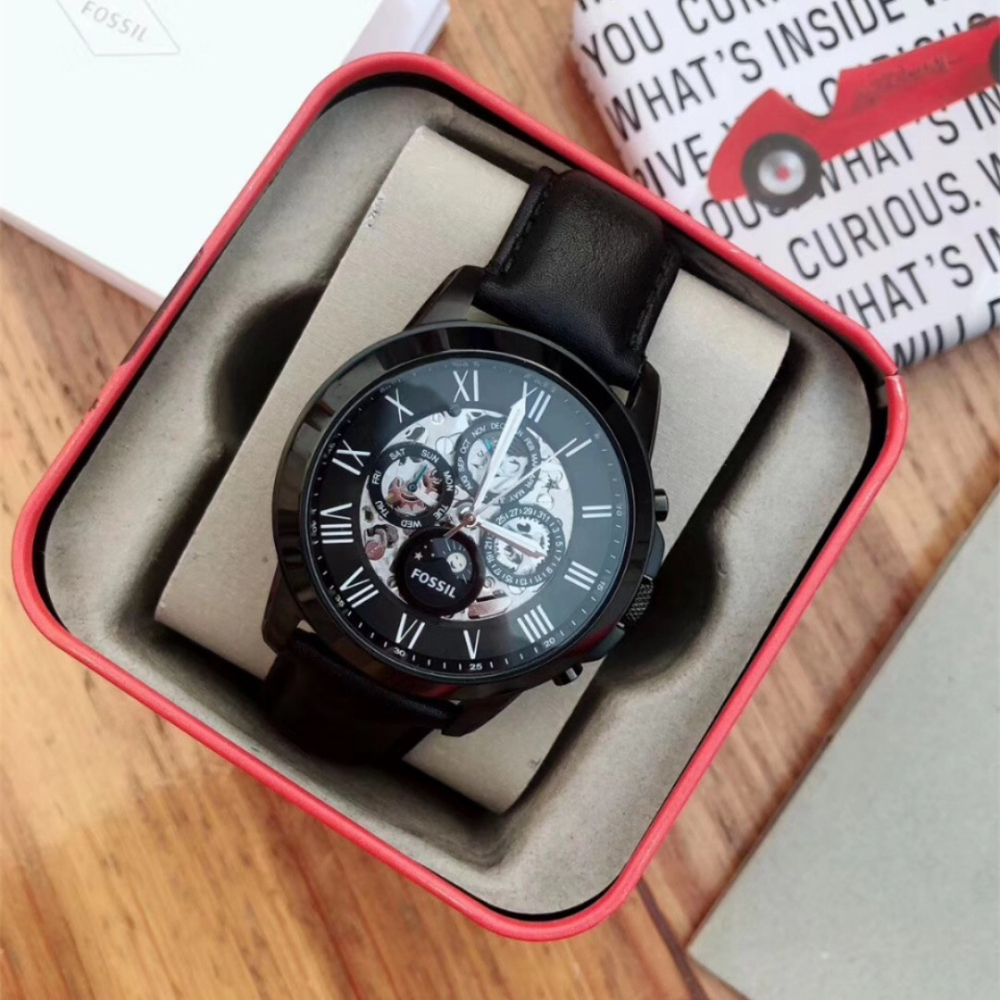 代購Fossil手錶 富思手錶 男士機械腕錶 ME3028 黑色皮帶錶 商務休閒三眼計時手錶 日曆鏤空自動機械錶男錶-細節圖6