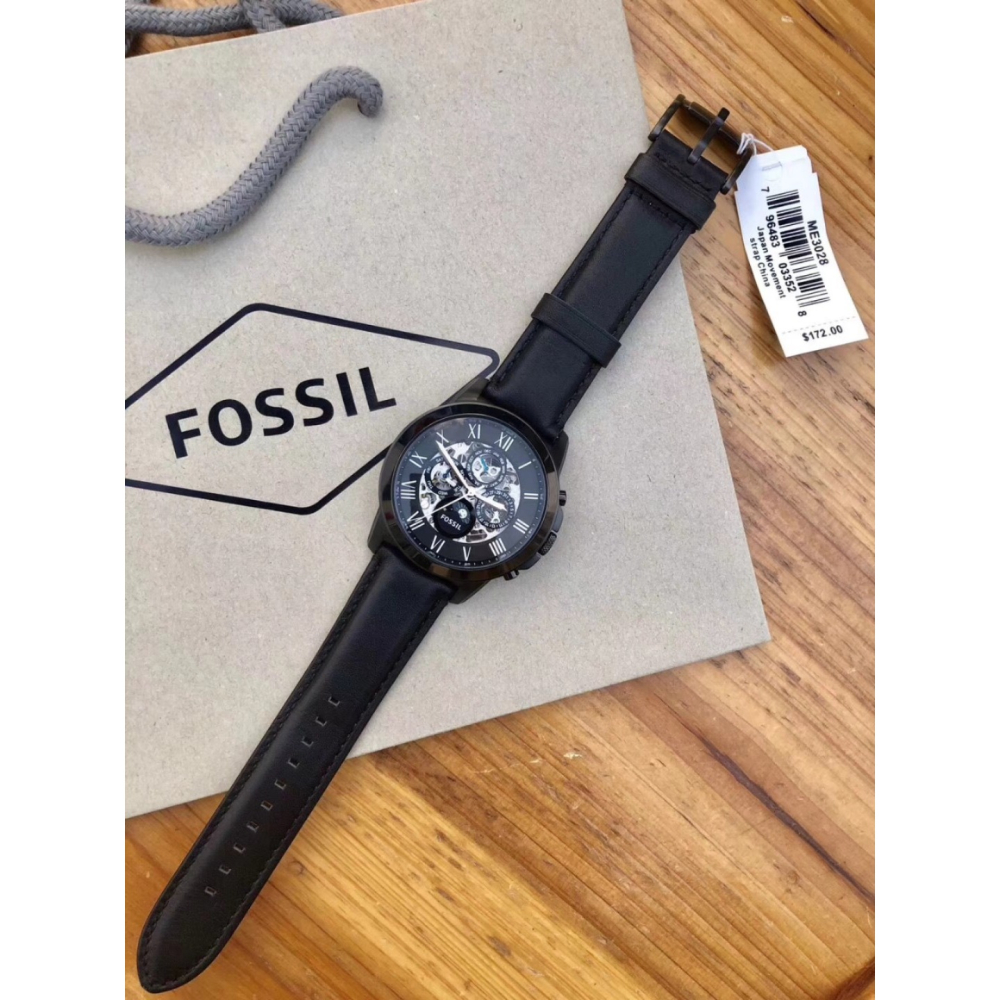代購Fossil手錶 富思手錶 男士機械腕錶 ME3028 黑色皮帶錶 商務休閒三眼計時手錶 日曆鏤空自動機械錶男錶-細節圖7