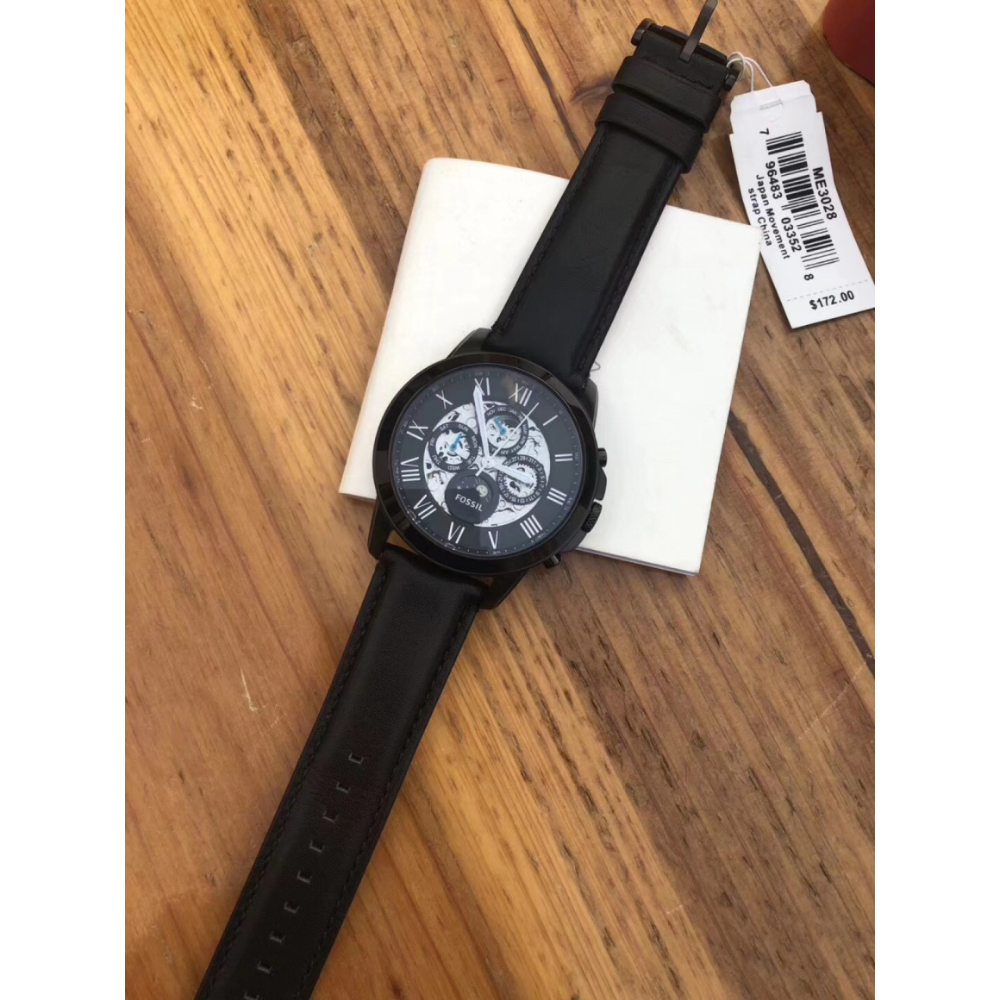 代購Fossil手錶 富思手錶 男士機械腕錶 ME3028 黑色皮帶錶 商務休閒三眼計時手錶 日曆鏤空自動機械錶男錶-細節圖9