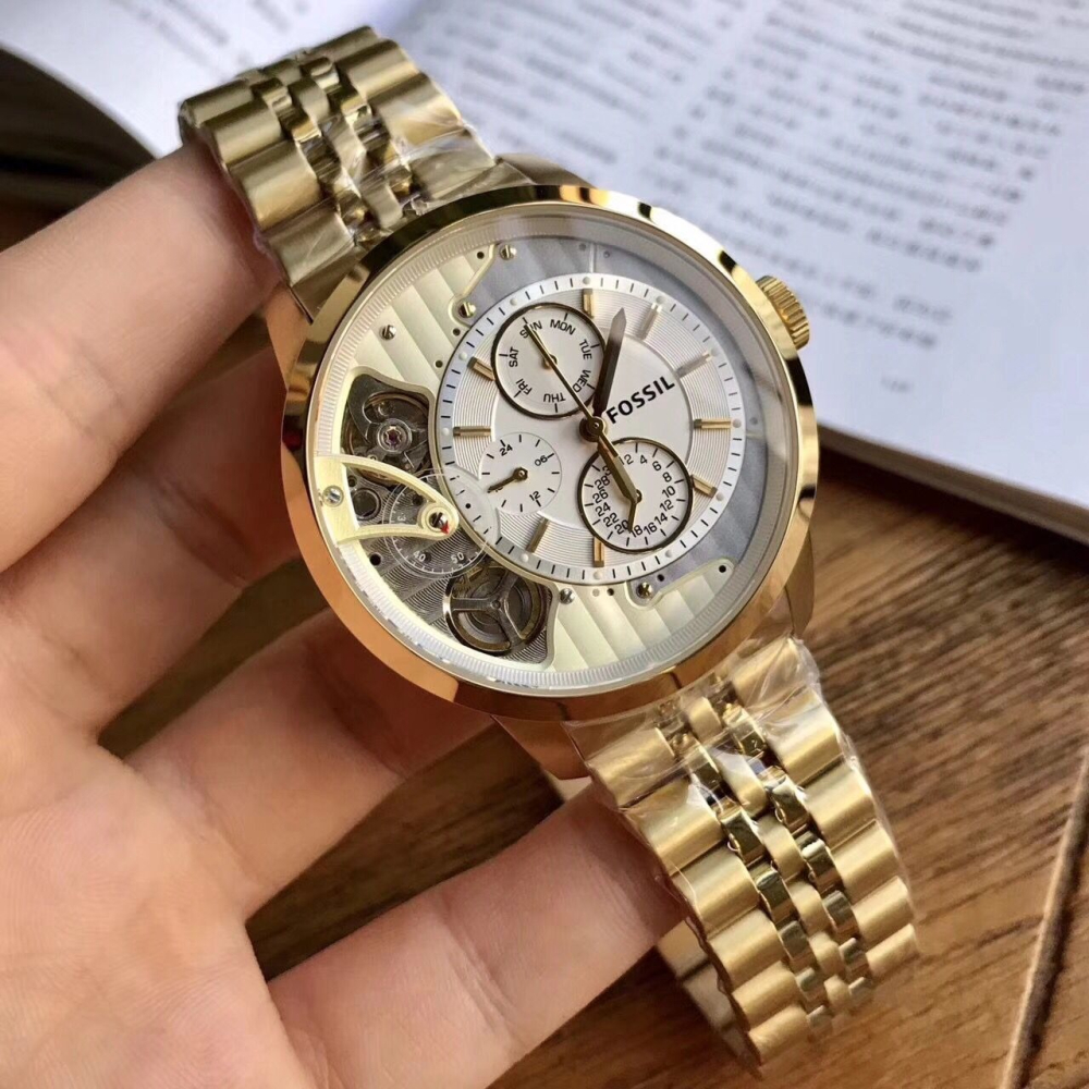 FOSSIL手錶 Townsman系列機械錶 富思石英機械雙機芯多功能男錶 鋼鏈六針星期日曆鏤空雙渦輪時尚潮流男士腕錶-細節圖2