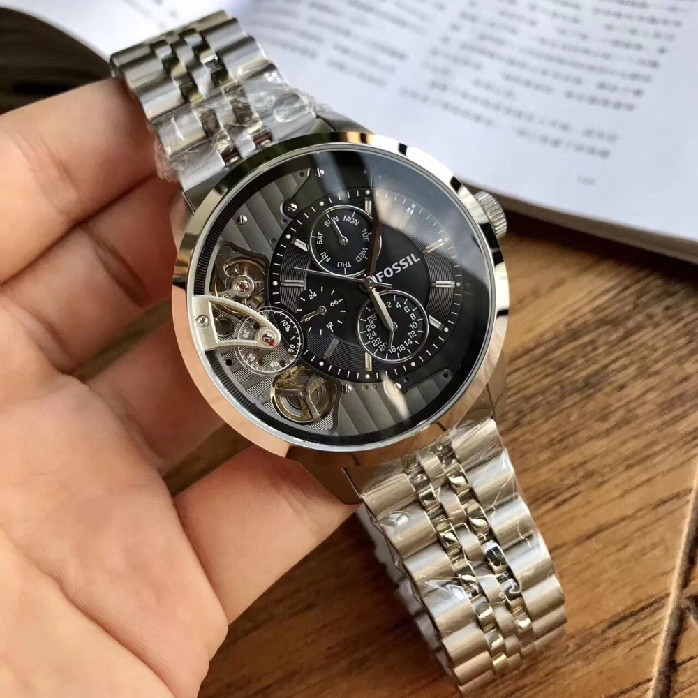 FOSSIL手錶 Townsman系列機械錶 富思石英機械雙機芯多功能男錶 鋼鏈六針星期日曆鏤空雙渦輪時尚潮流男士腕錶-細節圖3