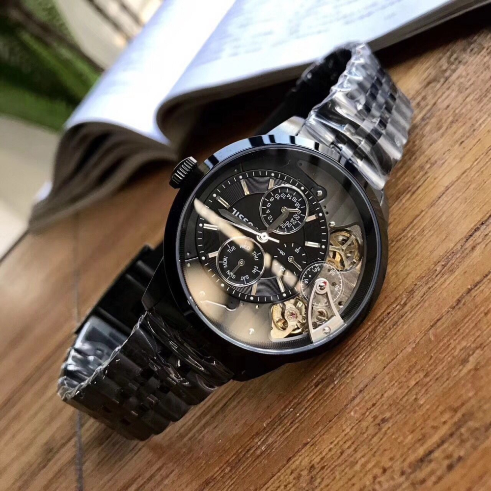 FOSSIL手錶 Townsman系列機械錶 富思石英機械雙機芯多功能男錶 鋼鏈六針星期日曆鏤空雙渦輪時尚潮流男士腕錶-細節圖5