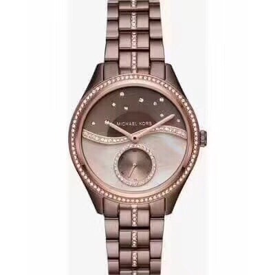 MICHAEL KORS手錶 MK手錶 璀璨星珍珠貝母鑲鑽石英錶 咖色鋼鏈錶 時尚潮流女錶 大直徑精品手錶 女生手錶-細節圖2