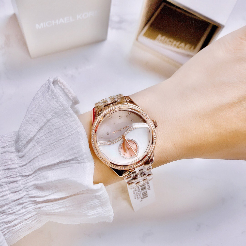 MICHAEL KORS手錶 MK手錶 璀璨星珍珠貝母鑲鑽石英錶 咖色鋼鏈錶 時尚潮流女錶 大直徑精品手錶 女生手錶-細節圖3