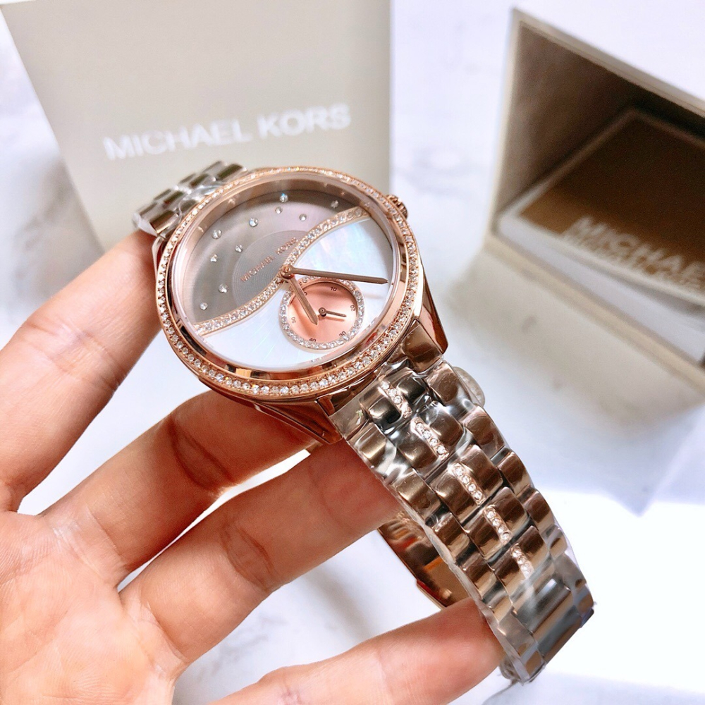 MICHAEL KORS手錶 MK手錶 璀璨星珍珠貝母鑲鑽石英錶 咖色鋼鏈錶 時尚潮流女錶 大直徑精品手錶 女生手錶-細節圖5