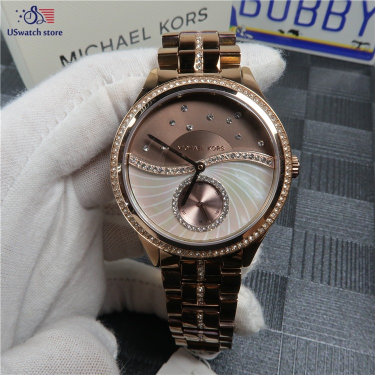 MICHAEL KORS手錶 MK手錶 璀璨星珍珠貝母鑲鑽石英錶 咖色鋼鏈錶 時尚潮流女錶 大直徑精品手錶 女生手錶-細節圖8