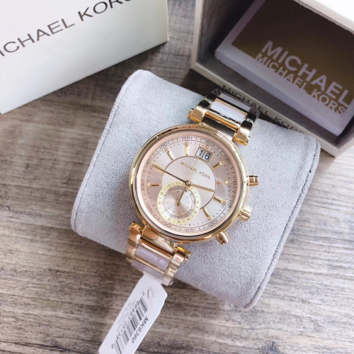 Michael Kors手錶 女生腕錶 MK手錶女 金色間膠粉色女錶 大直徑女生時尚百搭石英錶 歐美精品錶MK6360