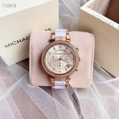 MICHAEL KORS手錶 MK手錶女 MK5774 經典款 白色陶瓷手錶 鑲鑽三眼計時日曆防水女錶 時尚休閒女錶