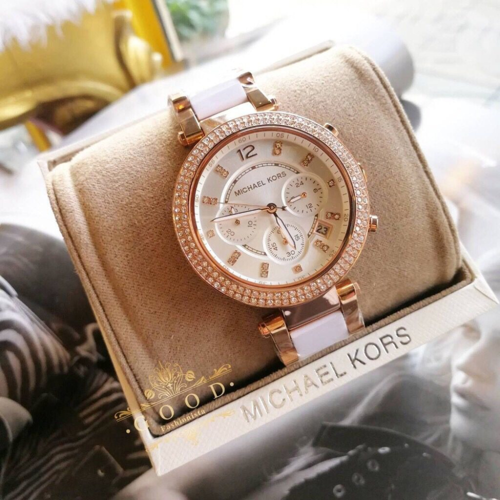 MICHAEL KORS手錶 MK手錶女 MK5774 經典款 白色陶瓷手錶 鑲鑽三眼計時日曆防水女錶 時尚休閒女錶-細節圖2