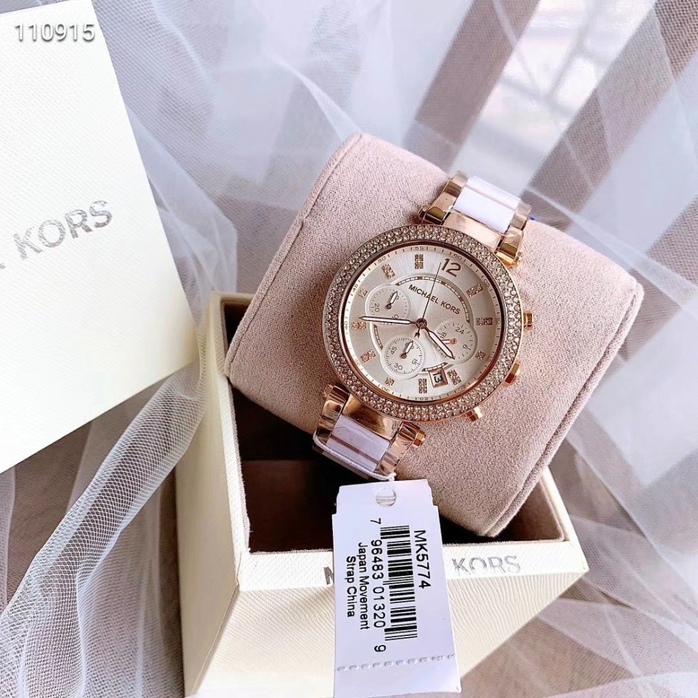 MICHAEL KORS手錶 MK手錶女 MK5774 經典款 白色陶瓷手錶 鑲鑽三眼計時日曆防水女錶 時尚休閒女錶-細節圖5