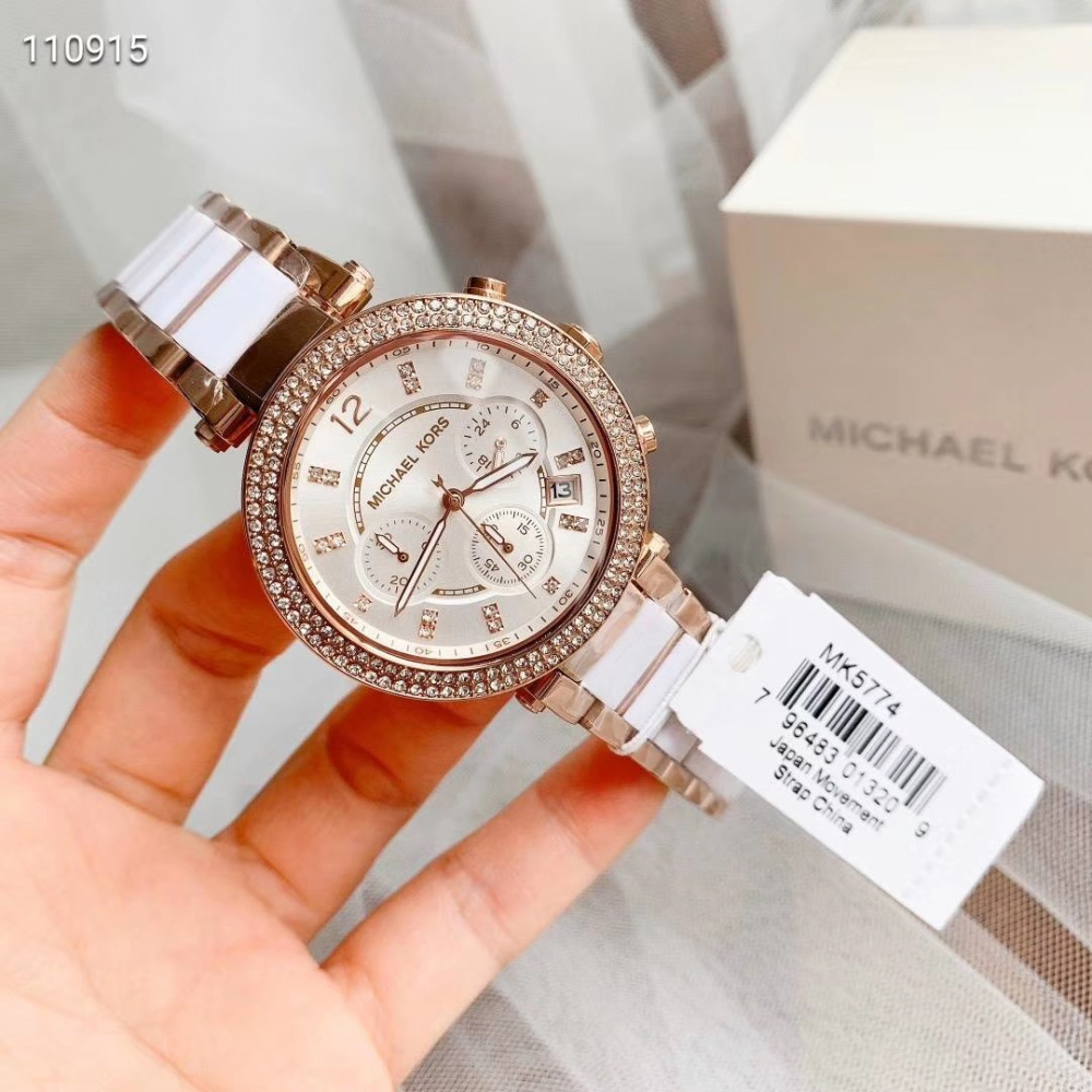 MICHAEL KORS手錶 MK手錶女 MK5774 經典款 白色陶瓷手錶 鑲鑽三眼計時日曆防水女錶 時尚休閒女錶-細節圖6