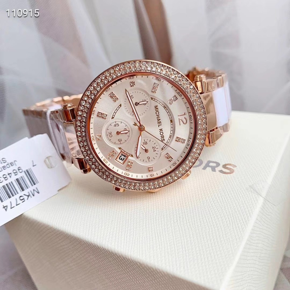 MICHAEL KORS手錶 MK手錶女 MK5774 經典款 白色陶瓷手錶 鑲鑽三眼計時日曆防水女錶 時尚休閒女錶-細節圖7