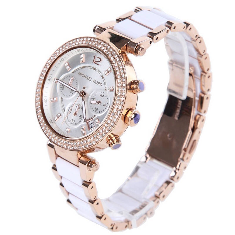 MICHAEL KORS手錶 MK手錶女 MK5774 經典款 白色陶瓷手錶 鑲鑽三眼計時日曆防水女錶 時尚休閒女錶-細節圖8