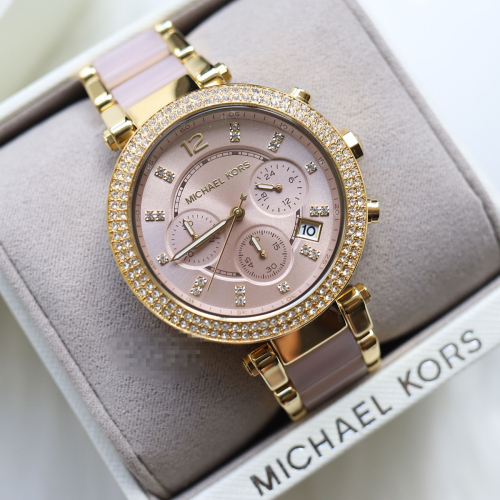 Michael Kors手錶 MK手錶 經典鑲鑽三眼計時手錶 女生手錶 日曆石英錶 金色間粉色時尚潮流女錶MK6326