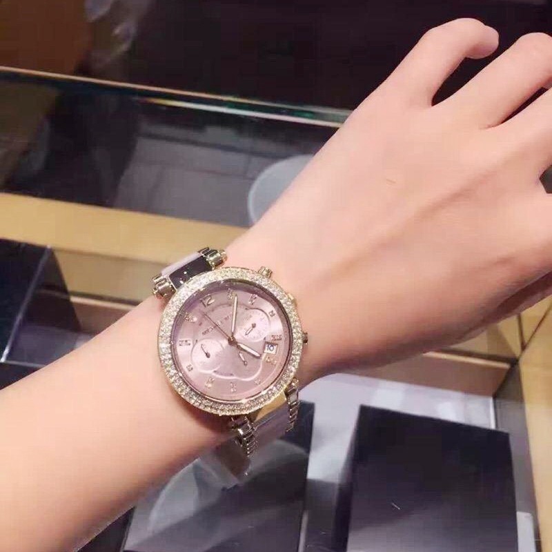 Michael Kors手錶 MK手錶 經典鑲鑽三眼計時手錶 女生手錶 日曆石英錶 金色間粉色時尚潮流女錶MK6326-細節圖2