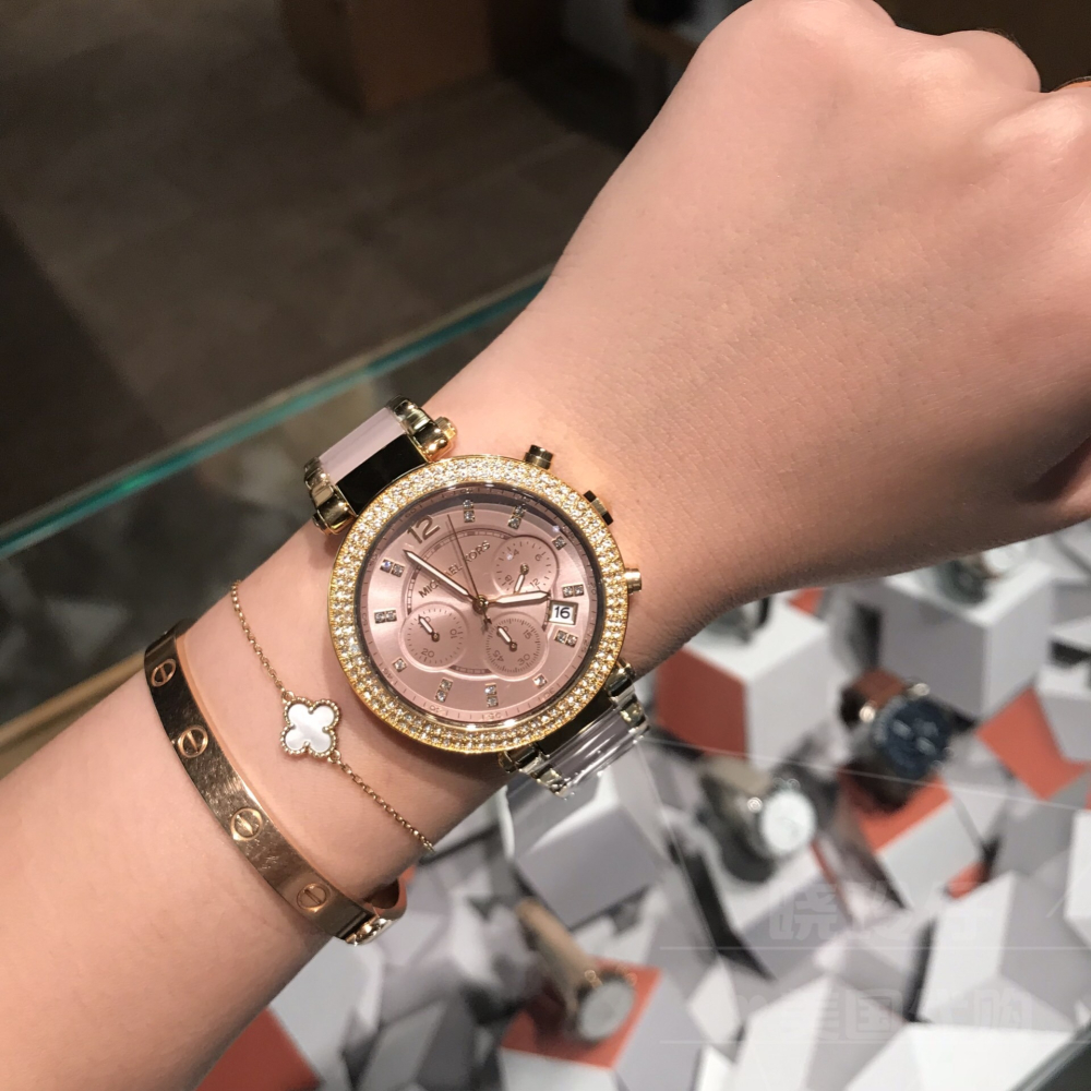 Michael Kors手錶 MK手錶 經典鑲鑽三眼計時手錶 女生手錶 日曆石英錶 金色間粉色時尚潮流女錶MK6326-細節圖3