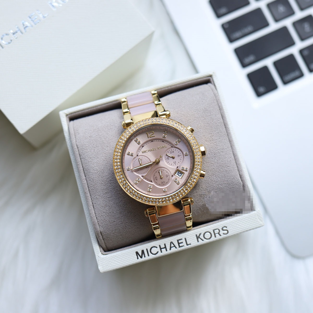 Michael Kors手錶 MK手錶 經典鑲鑽三眼計時手錶 女生手錶 日曆石英錶 金色間粉色時尚潮流女錶MK6326-細節圖4
