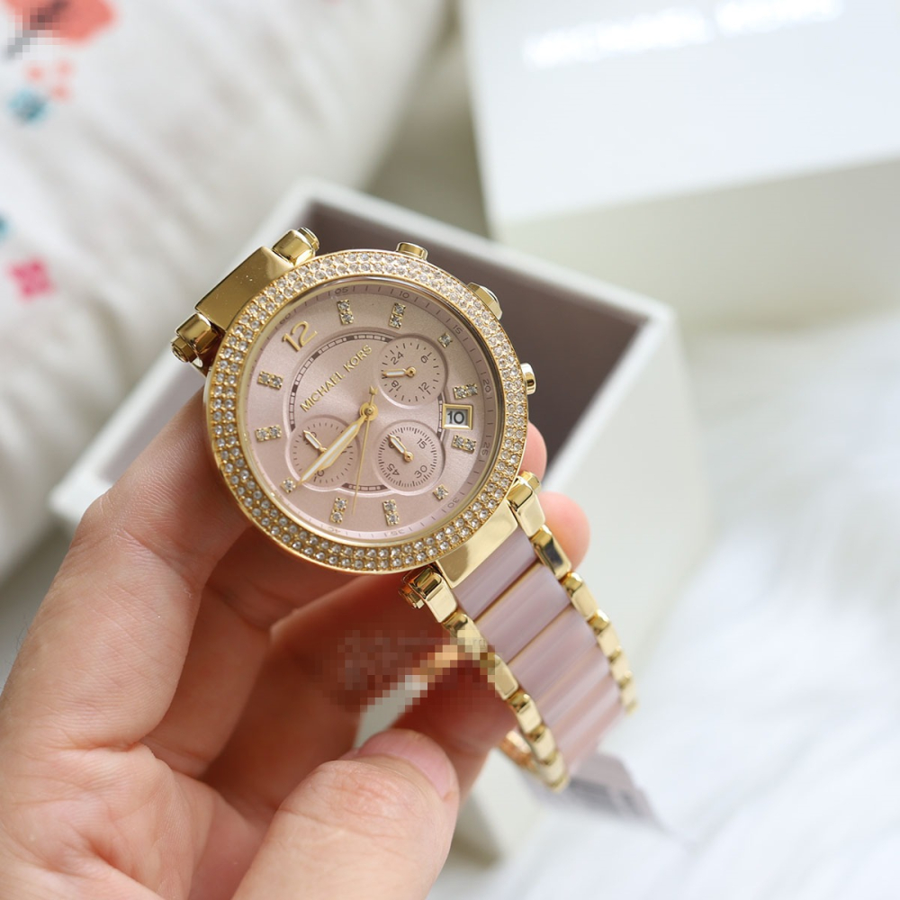 Michael Kors手錶 MK手錶 經典鑲鑽三眼計時手錶 女生手錶 日曆石英錶 金色間粉色時尚潮流女錶MK6326-細節圖5