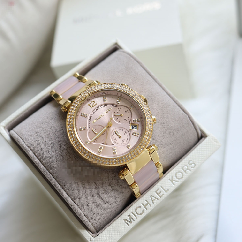 Michael Kors手錶 MK手錶 經典鑲鑽三眼計時手錶 女生手錶 日曆石英錶 金色間粉色時尚潮流女錶MK6326-細節圖6