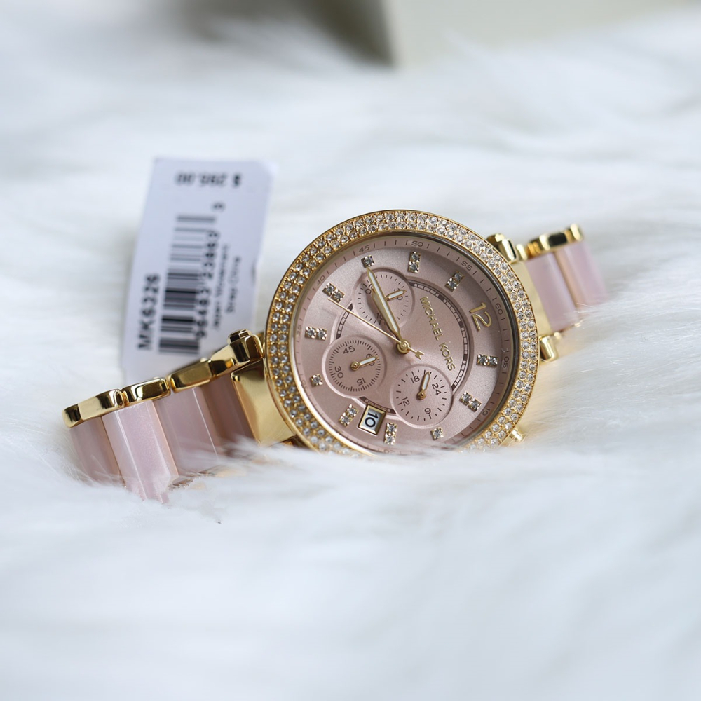 Michael Kors手錶 MK手錶 經典鑲鑽三眼計時手錶 女生手錶 日曆石英錶 金色間粉色時尚潮流女錶MK6326-細節圖7