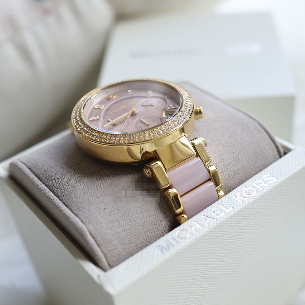 Michael Kors手錶 MK手錶 經典鑲鑽三眼計時手錶 女生手錶 日曆石英錶 金色間粉色時尚潮流女錶MK6326-細節圖8