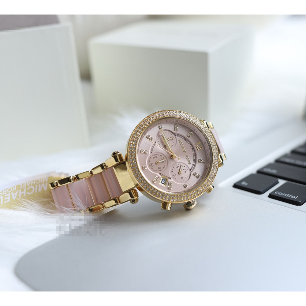 Michael Kors手錶 MK手錶 經典鑲鑽三眼計時手錶 女生手錶 日曆石英錶 金色間粉色時尚潮流女錶MK6326-細節圖9