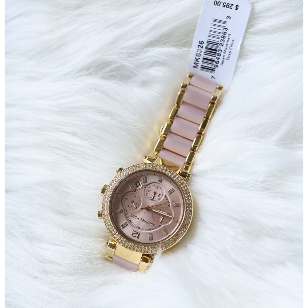 Michael Kors手錶 MK手錶 經典鑲鑽三眼計時手錶 女生手錶 日曆石英錶 金色間粉色時尚潮流女錶MK6326-細節圖10