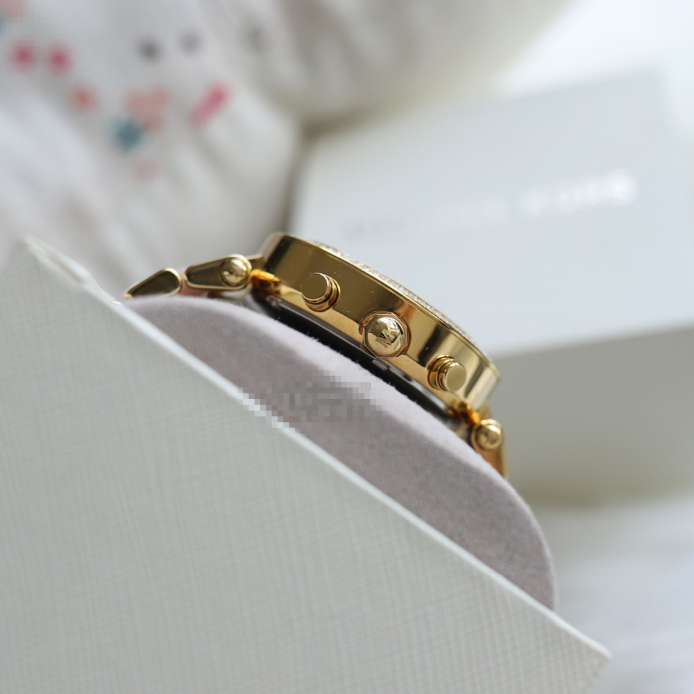 Michael Kors手錶 MK手錶 經典鑲鑽三眼計時手錶 女生手錶 日曆石英錶 金色間粉色時尚潮流女錶MK6326-細節圖11