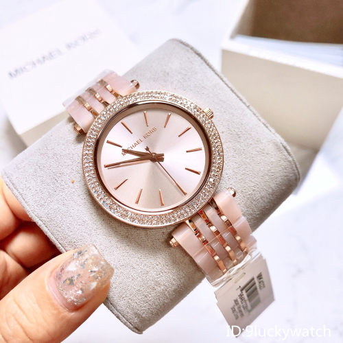 Michael Kors手錶 MK手錶女 大直徑時尚潮流女生腕錶 間膠粉色女錶 薄款休閒百搭石英錶MK4327