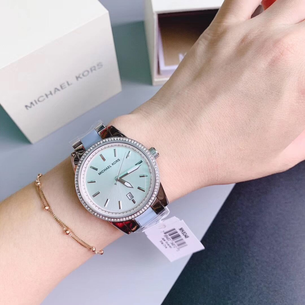 MICHAEL KORS手錶 新品女生石英錶 間膠裸粉色鑲鑽鋼鏈錶 時尚百搭休閒女錶 MK手錶 MK6349 MK637-細節圖2