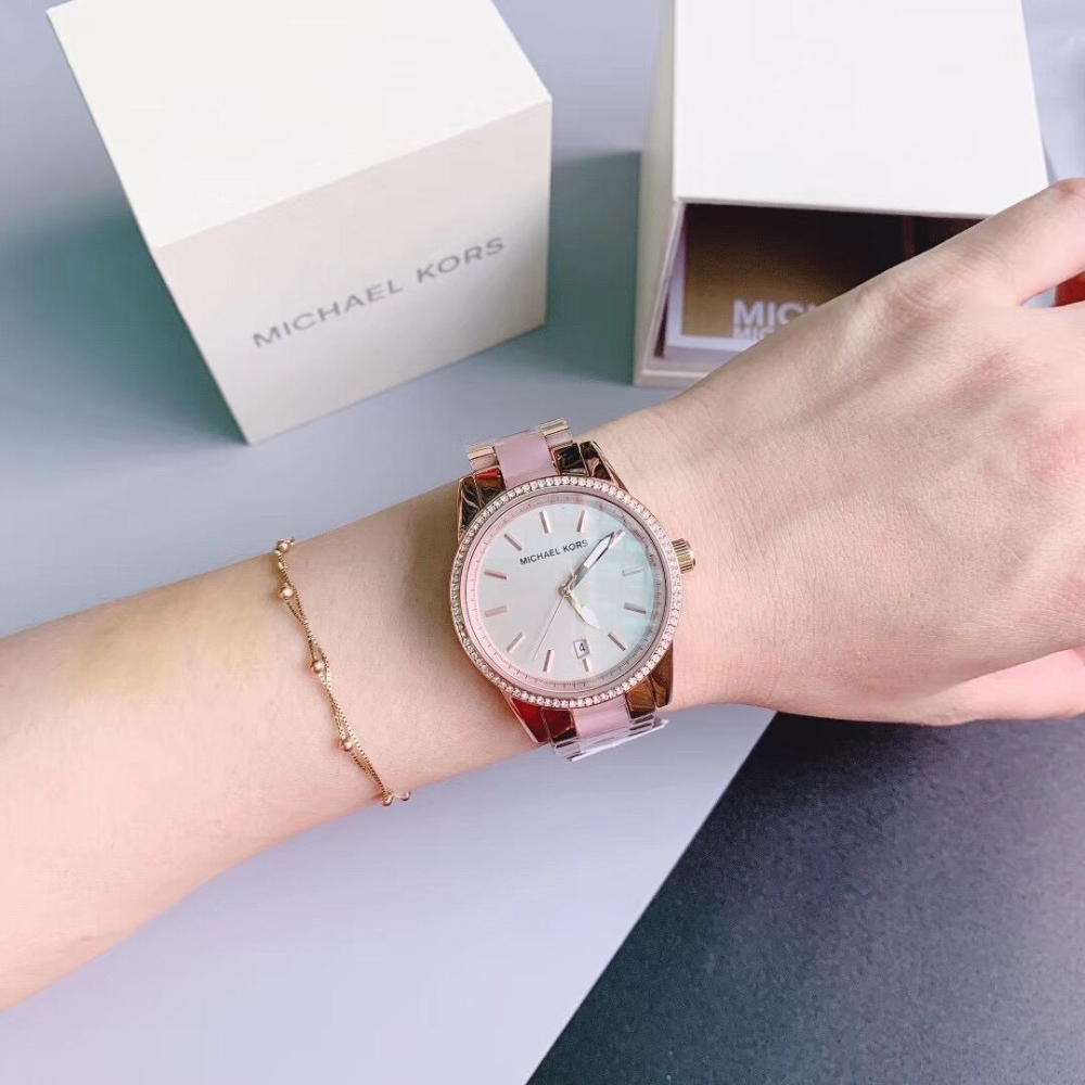 MICHAEL KORS手錶 新品女生石英錶 間膠裸粉色鑲鑽鋼鏈錶 時尚百搭休閒女錶 MK手錶 MK6349 MK637-細節圖3