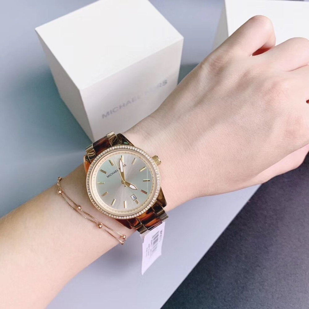 MICHAEL KORS手錶 新品女生石英錶 間膠裸粉色鑲鑽鋼鏈錶 時尚百搭休閒女錶 MK手錶 MK6349 MK637-細節圖4