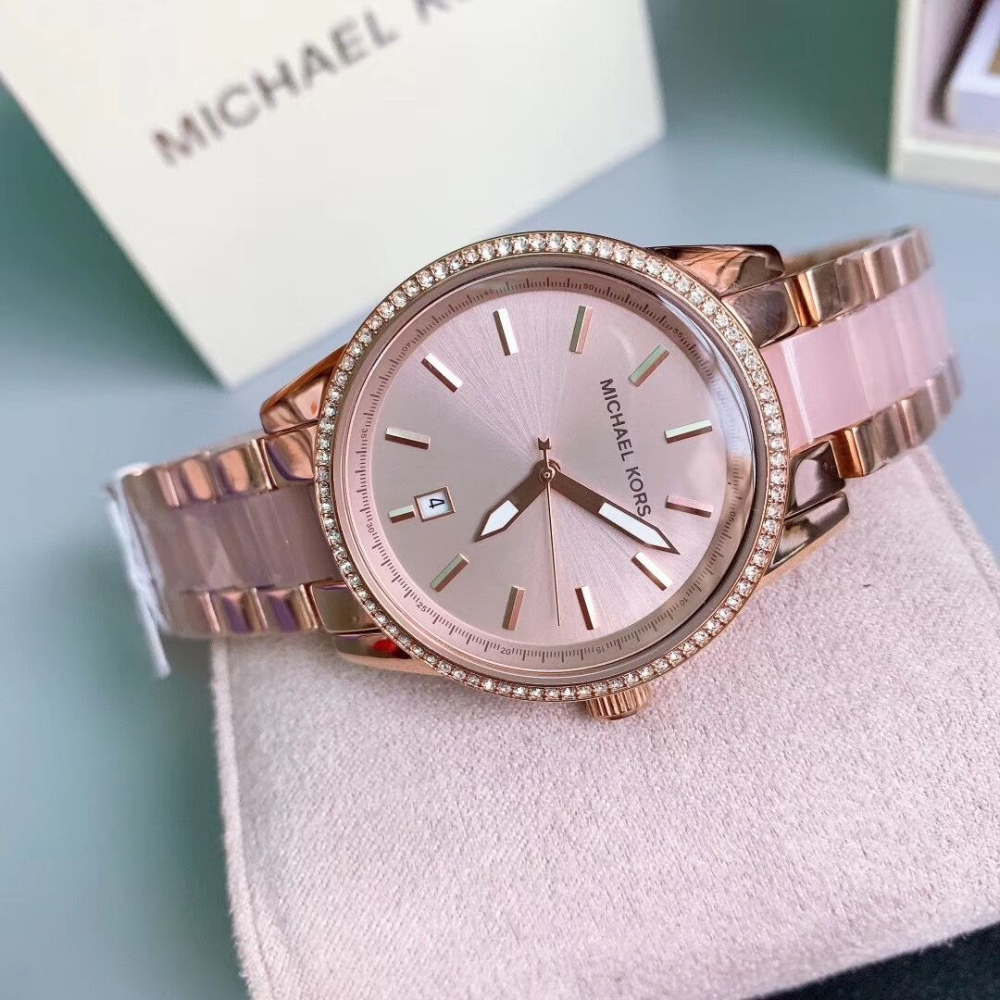 MICHAEL KORS手錶 新品女生石英錶 間膠裸粉色鑲鑽鋼鏈錶 時尚百搭休閒女錶 MK手錶 MK6349 MK637-細節圖6
