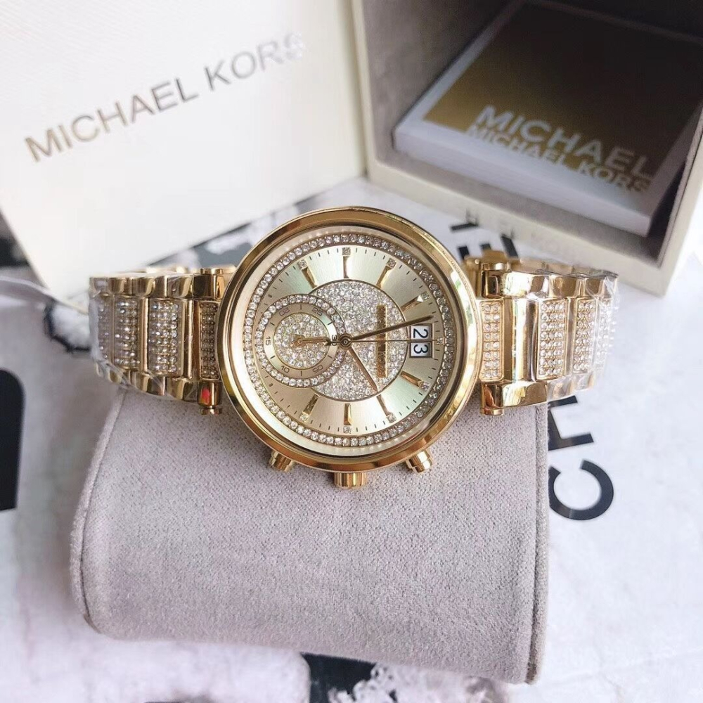 Michael Kors手錶 MK手錶 金色滿天星滿鑽鋼鏈錶 瑞士石英錶 時尚潮流通勤女生腕錶 百搭休閒女錶MK6308-細節圖5