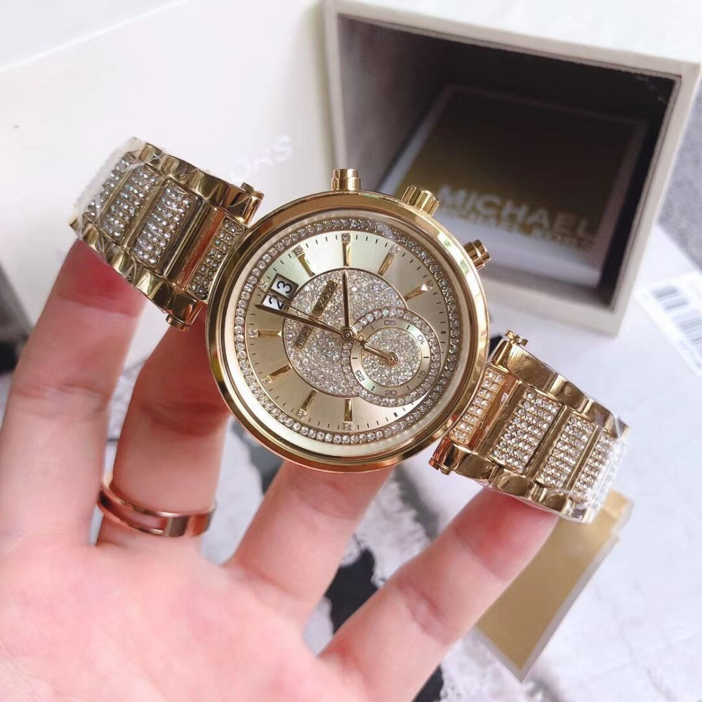 Michael Kors手錶 MK手錶 金色滿天星滿鑽鋼鏈錶 瑞士石英錶 時尚潮流通勤女生腕錶 百搭休閒女錶MK6308-細節圖6