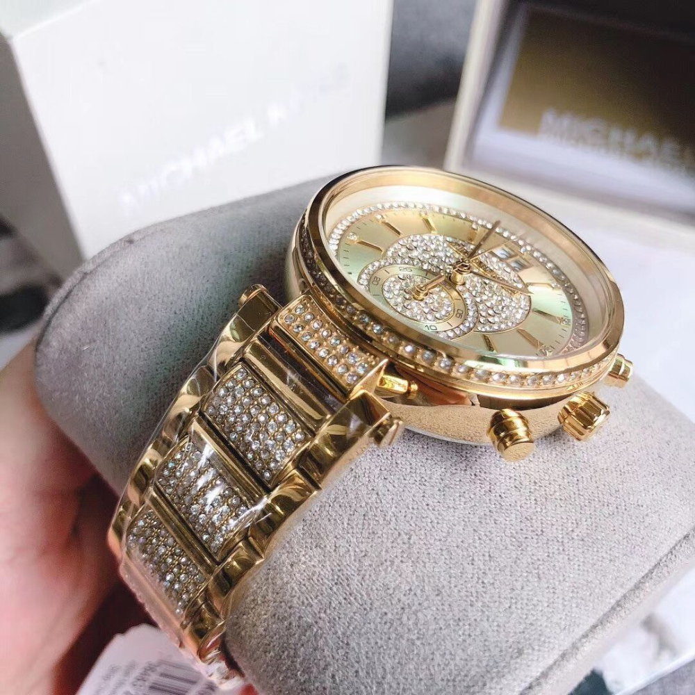 Michael Kors手錶 MK手錶 金色滿天星滿鑽鋼鏈錶 瑞士石英錶 時尚潮流通勤女生腕錶 百搭休閒女錶MK6308-細節圖7