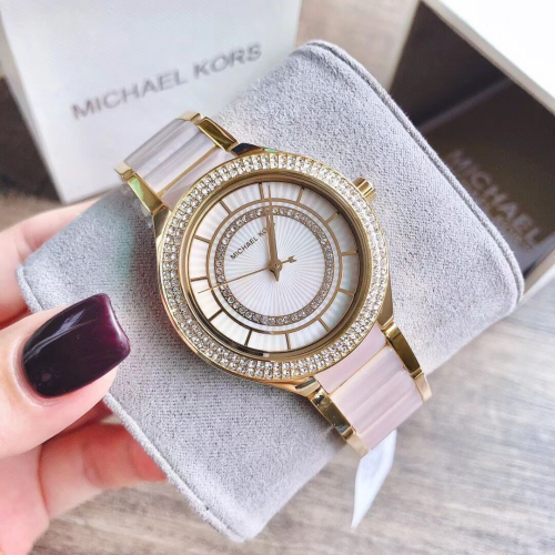 MICHAEL KORS手錶 MK手錶女 大直徑粉色鑲鑽女生石英錶 時尚潮流圓盤女錶MK3508 歐美通勤女士腕錶