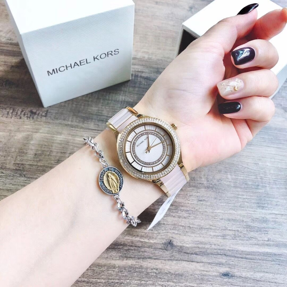 MICHAEL KORS手錶 MK手錶女  大直徑粉色鑲鑽女生石英錶 時尚潮流圓盤女錶MK3508 歐美通勤女士腕錶-細節圖3