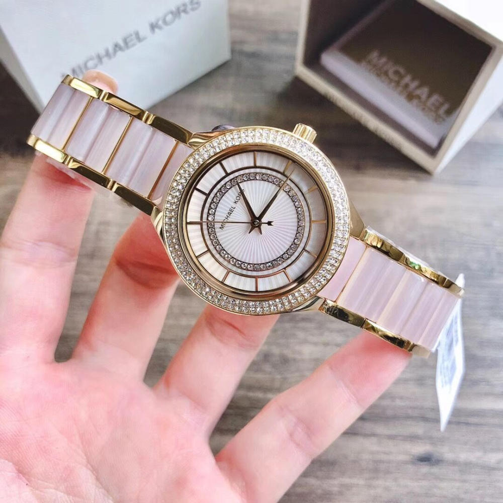 MICHAEL KORS手錶 MK手錶女  大直徑粉色鑲鑽女生石英錶 時尚潮流圓盤女錶MK3508 歐美通勤女士腕錶-細節圖4