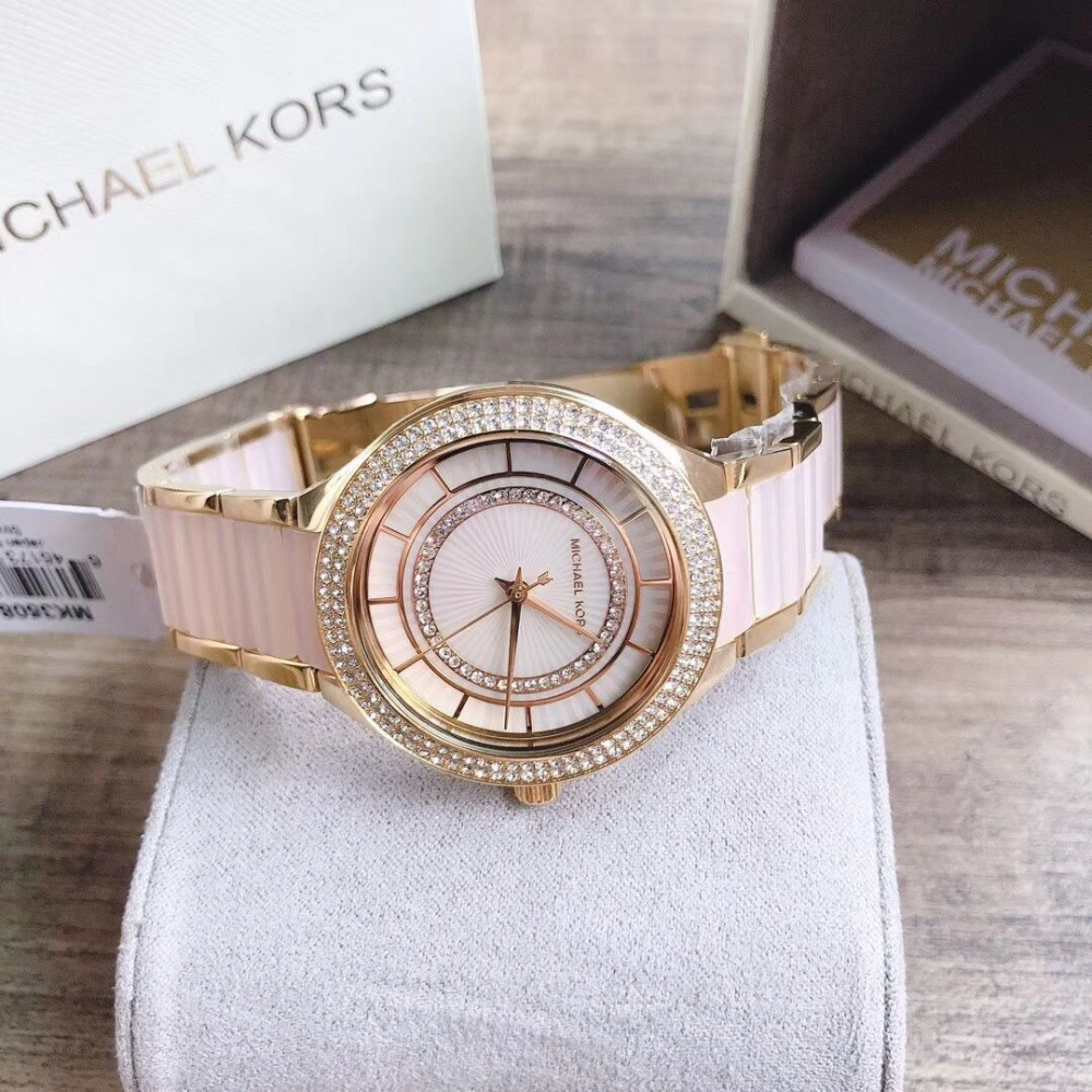 MICHAEL KORS手錶 MK手錶女  大直徑粉色鑲鑽女生石英錶 時尚潮流圓盤女錶MK3508 歐美通勤女士腕錶-細節圖6