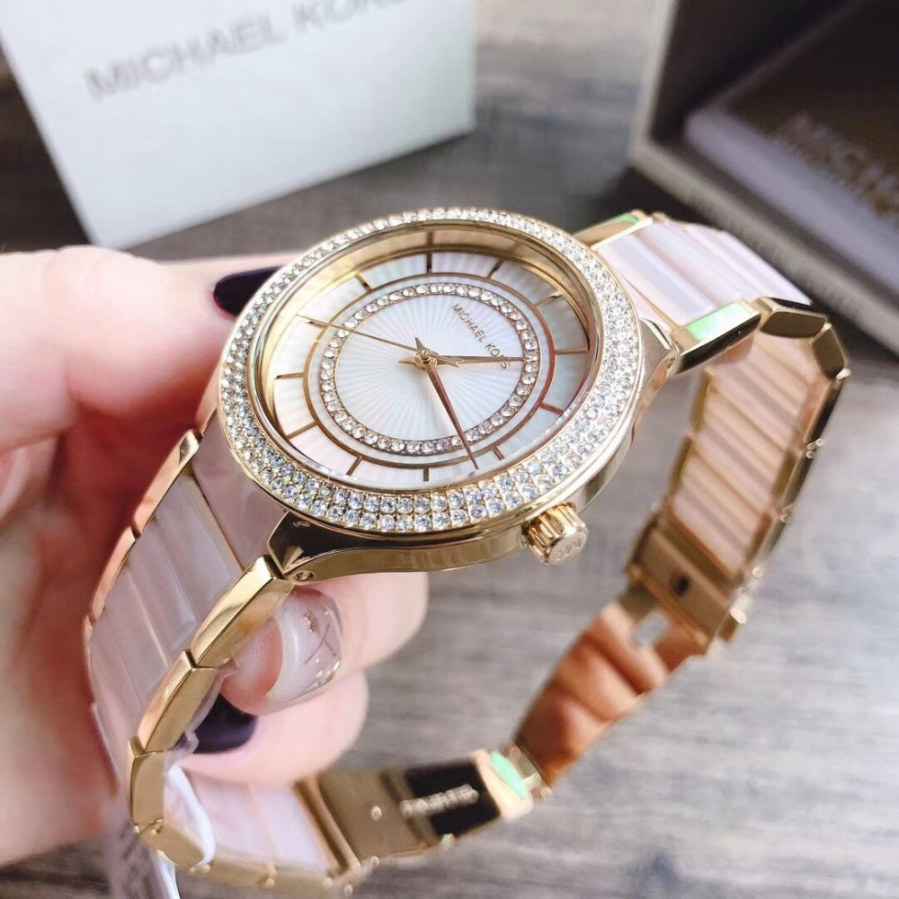 MICHAEL KORS手錶 MK手錶女  大直徑粉色鑲鑽女生石英錶 時尚潮流圓盤女錶MK3508 歐美通勤女士腕錶-細節圖7