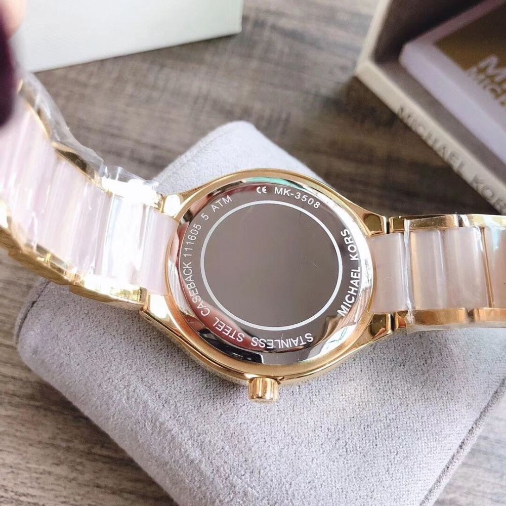 MICHAEL KORS手錶 MK手錶女  大直徑粉色鑲鑽女生石英錶 時尚潮流圓盤女錶MK3508 歐美通勤女士腕錶-細節圖8