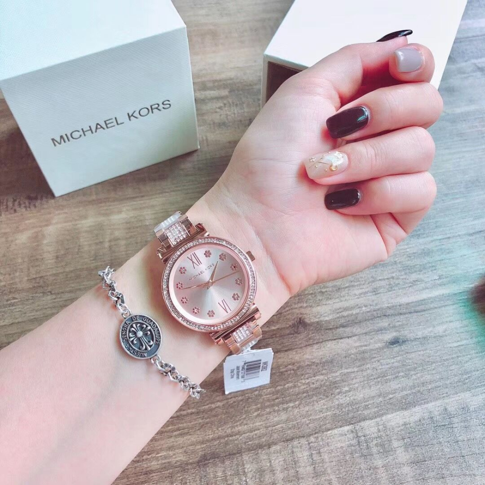 代購MICHAEL KORS手錶 MK3882 玫瑰金色鑲鑽花朵女錶 小錶盤鋼鏈錶 時尚百搭通勤女生腕錶 MK手錶女-細節圖3