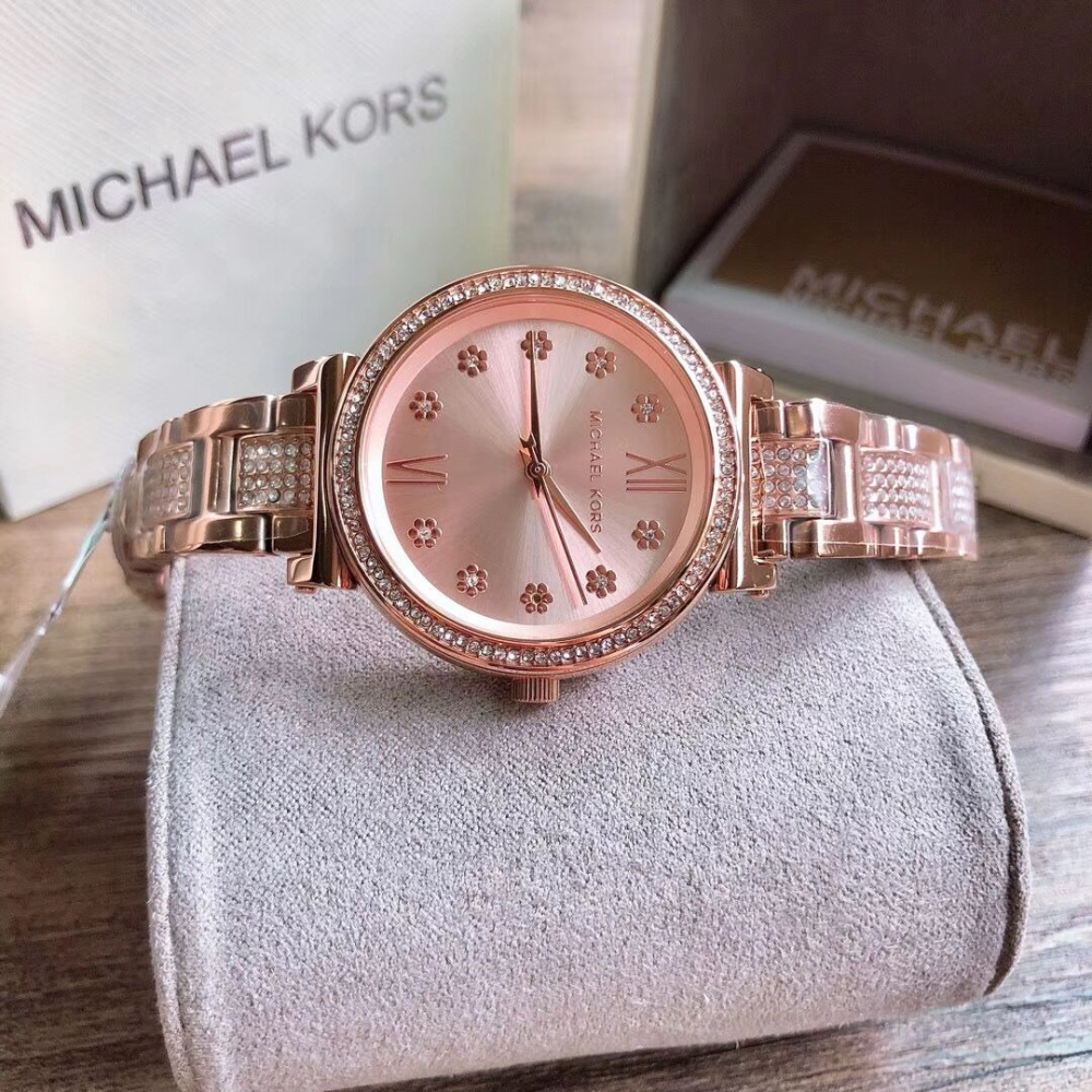 代購MICHAEL KORS手錶 MK3882 玫瑰金色鑲鑽花朵女錶 小錶盤鋼鏈錶 時尚百搭通勤女生腕錶 MK手錶女-細節圖6