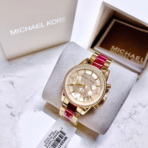 MICHAEL KORS手錶 女生手錶 玫瑰色鑲鑽石英錶 女生時尚潮流防水腕錶 三眼計時日曆女錶MK6517 MK手錶女