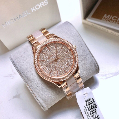 代購MICHAEL KORS手錶 女生手錶 滿天星滿鑽裸粉色女生腕錶MK4288 防水石英錶 時尚休閒女錶 MK手錶